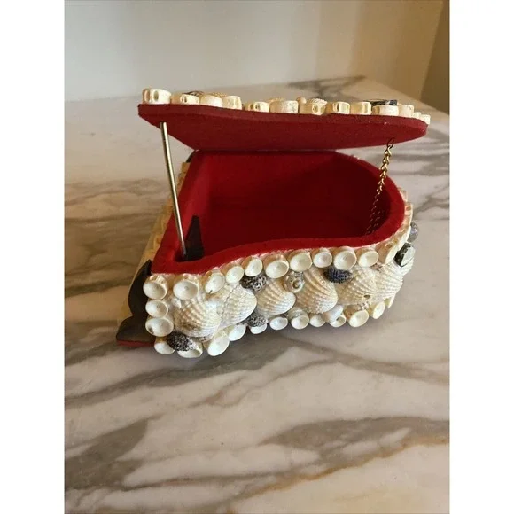 Handmade Seashell Grand Piano Jewelry Box Red Velvet Lining Vintage Coastal Art - Picture 4 of 8